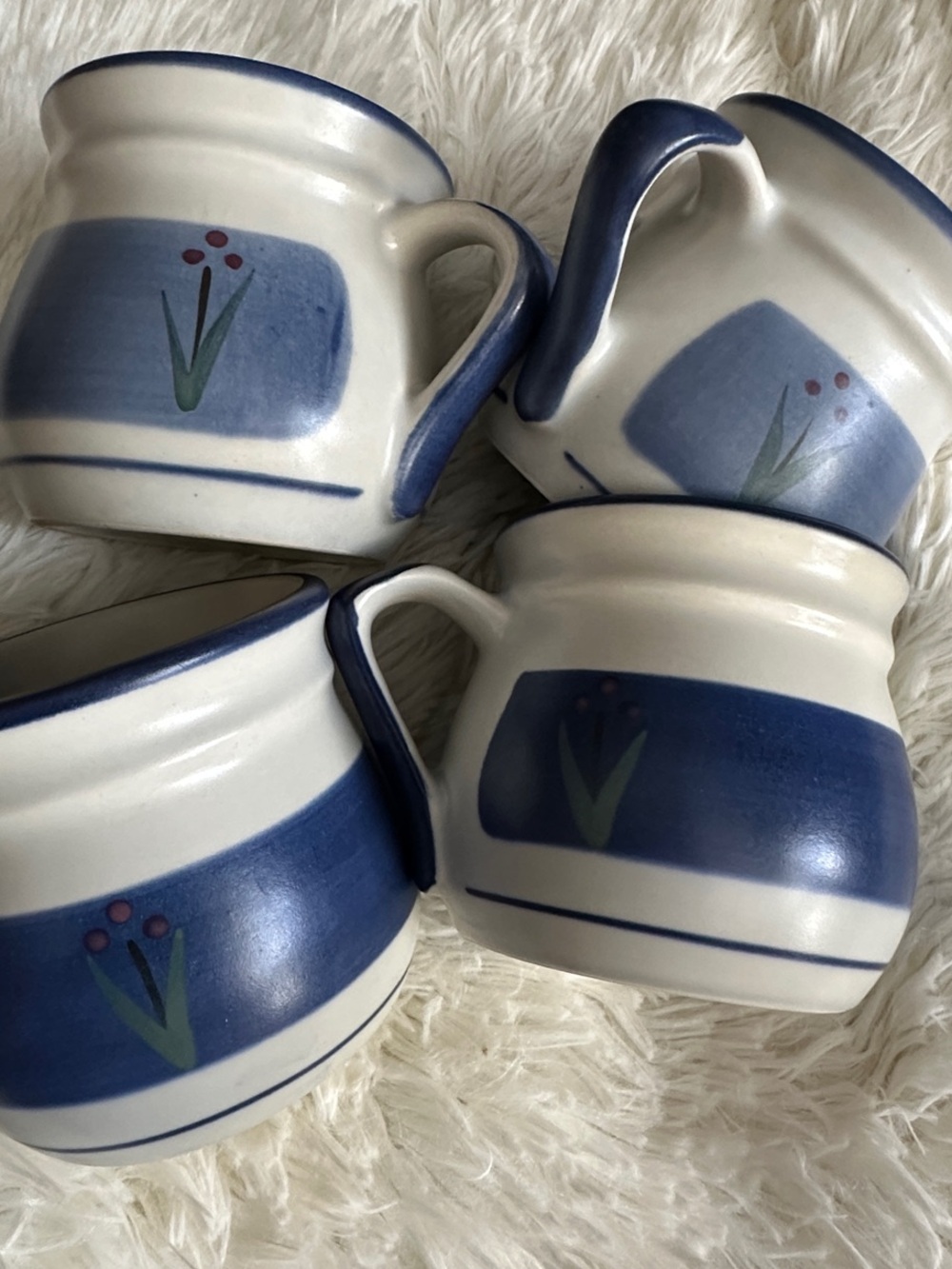 Blue and White Floral Stoneware Mugs - Set of 4